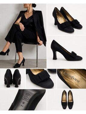 YVES SAINT LAURENT VINTAGE black satin bow heels pumps italy 8.5 quiet luxury